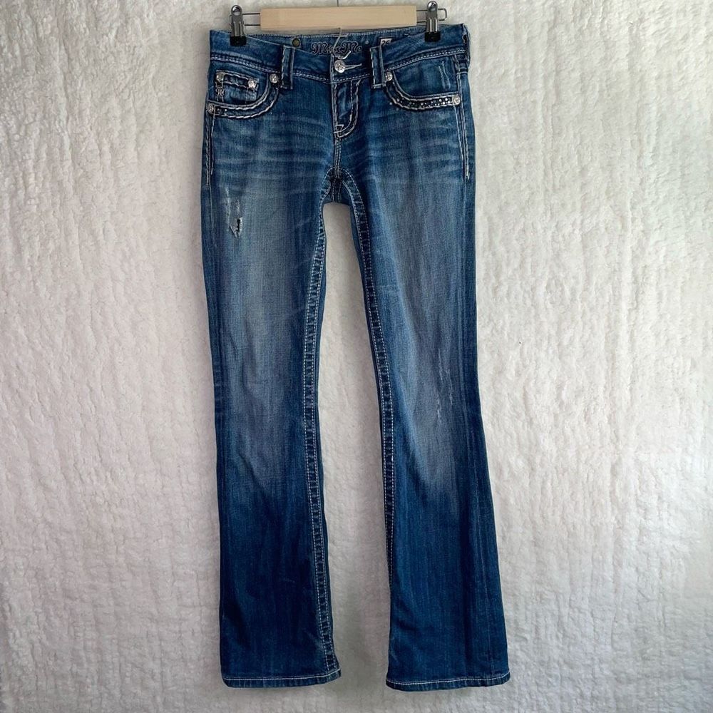 Miss Me Women's Rhinestone Stitched Flap Pockets Low-Rise Bootcut Jeans Size 26